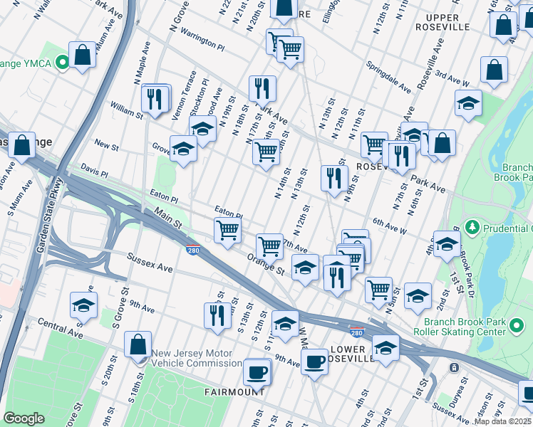 map of restaurants, bars, coffee shops, grocery stores, and more near 69 North 14th Street in East Orange