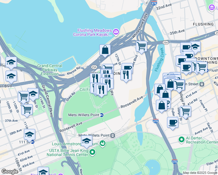 map of restaurants, bars, coffee shops, grocery stores, and more near 36-2 126th Street in Queens