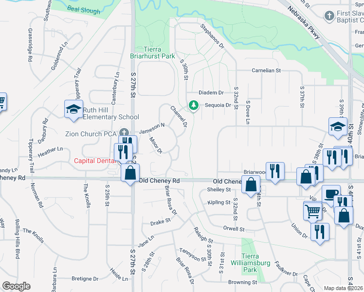 map of restaurants, bars, coffee shops, grocery stores, and more near 5530 Channel Drive in Lincoln