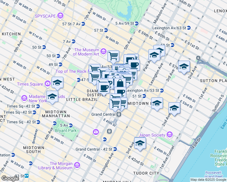 map of restaurants, bars, coffee shops, grocery stores, and more near 444 Madison Avenue in New York