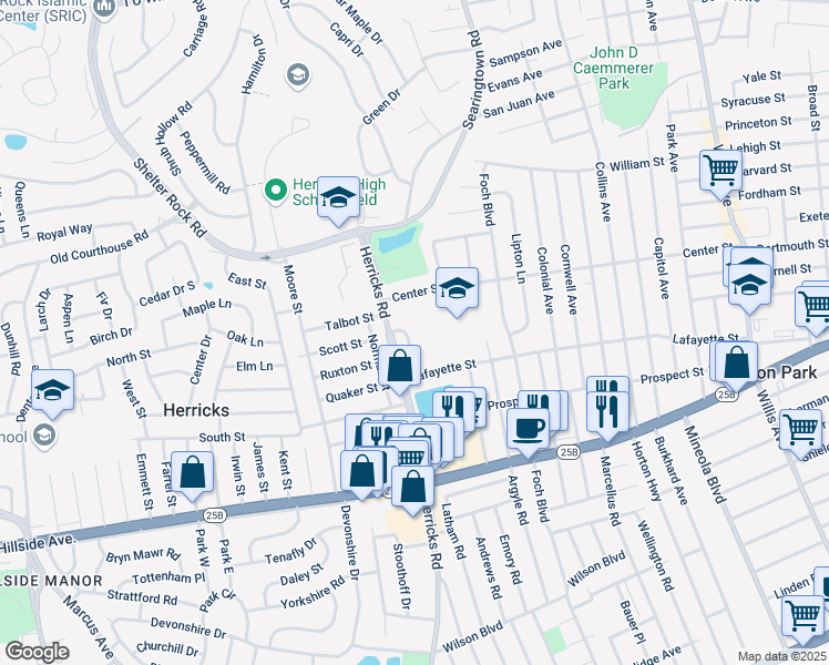 map of restaurants, bars, coffee shops, grocery stores, and more near 32 Gordon Drive in Williston Park