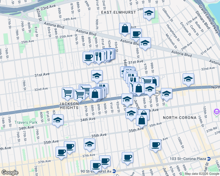 map of restaurants, bars, coffee shops, grocery stores, and more near 3220 92nd Street in Queens