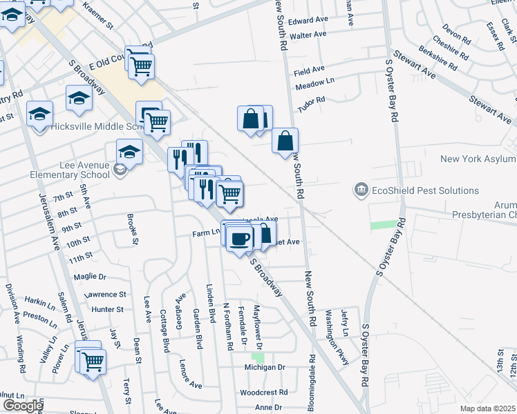 map of restaurants, bars, coffee shops, grocery stores, and more near 485 South Broadway in Hicksville