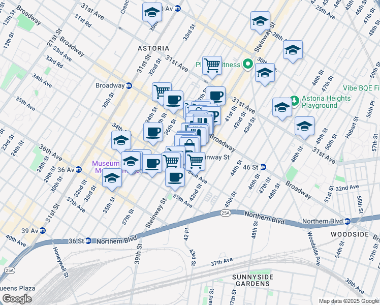 map of restaurants, bars, coffee shops, grocery stores, and more near 32-40 Steinway Street in Queens