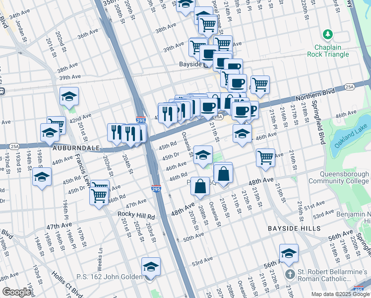 map of restaurants, bars, coffee shops, grocery stores, and more near 45-42 Oceania Street in Queens
