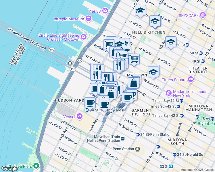 map of restaurants, bars, coffee shops, grocery stores, and more near 516 West 39th Street in New York