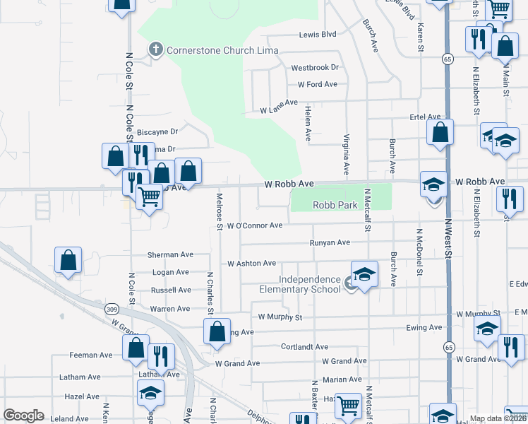 map of restaurants, bars, coffee shops, grocery stores, and more near 825 Brendonwood Drive in Lima