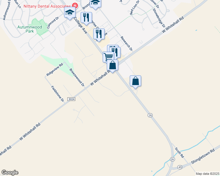 map of restaurants, bars, coffee shops, grocery stores, and more near 131 Apple View Drive in State College