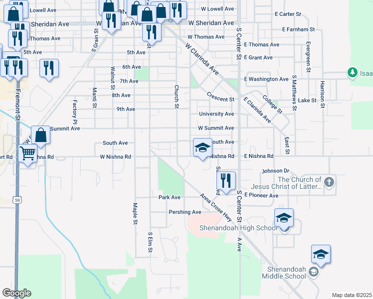 map of restaurants, bars, coffee shops, grocery stores, and more near 300-398 South Ave in Shenandoah
