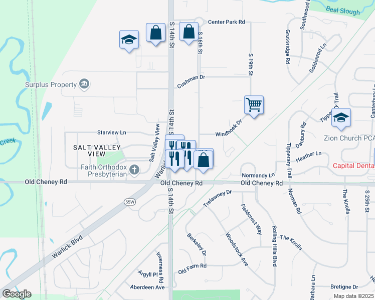 map of restaurants, bars, coffee shops, grocery stores, and more near 5431 South 16th Street in Lincoln