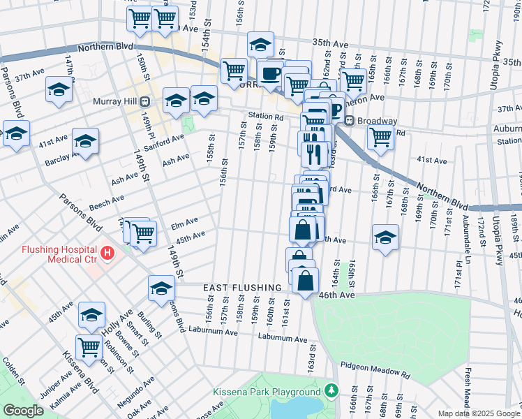 map of restaurants, bars, coffee shops, grocery stores, and more near 43-46 159th Street in Queens