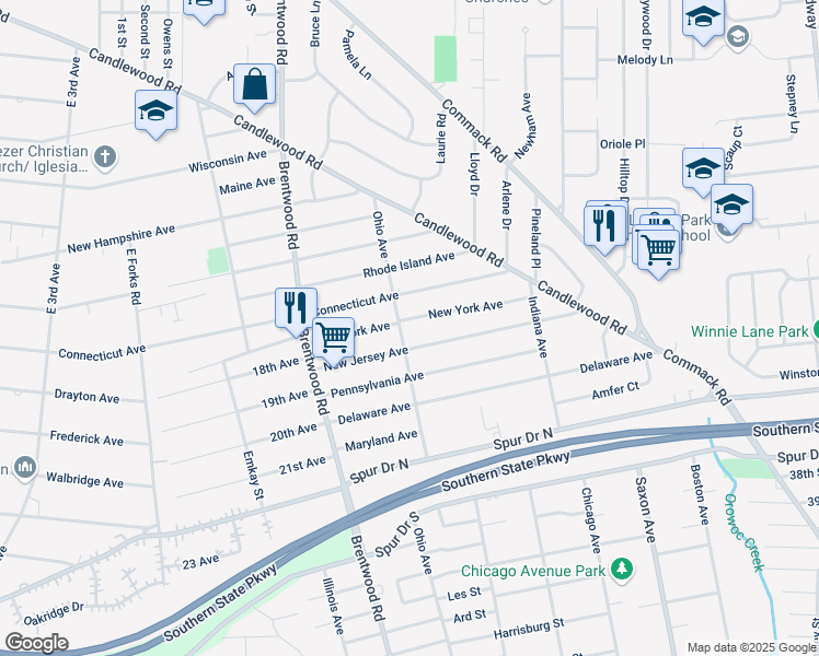map of restaurants, bars, coffee shops, grocery stores, and more near 188 New York Avenue in Bay Shore