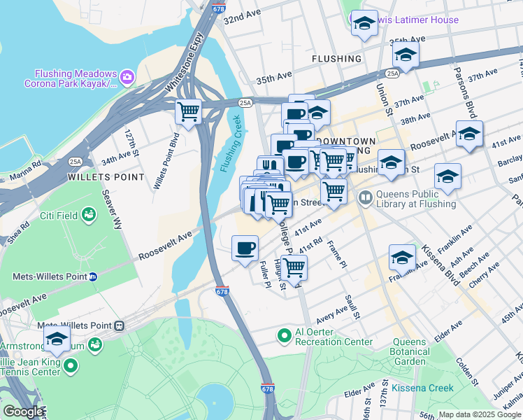 map of restaurants, bars, coffee shops, grocery stores, and more near 131-7 40 Road in Queens