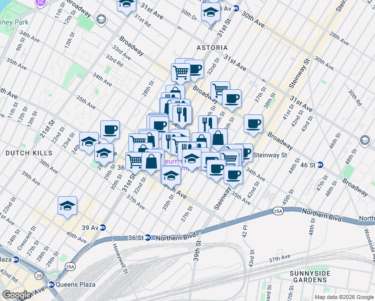 map of restaurants, bars, coffee shops, grocery stores, and more near 34-29 33rd Street in Queens