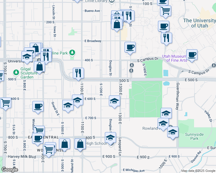 map of restaurants, bars, coffee shops, grocery stores, and more near 1254 East 500 South in Salt Lake City