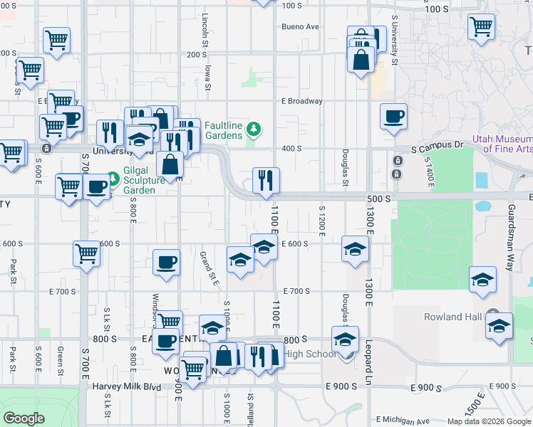 map of restaurants, bars, coffee shops, grocery stores, and more near 513 1100 East in Salt Lake City