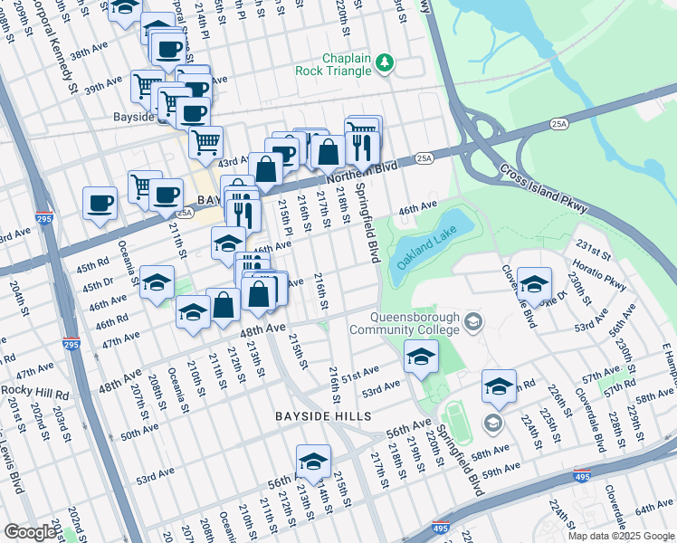 map of restaurants, bars, coffee shops, grocery stores, and more near 4644 217th Street in Queens
