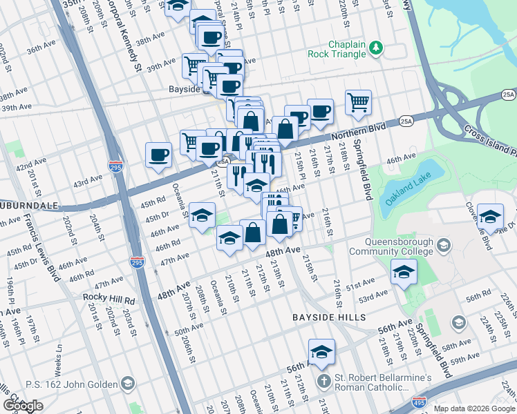 map of restaurants, bars, coffee shops, grocery stores, and more near in Queens