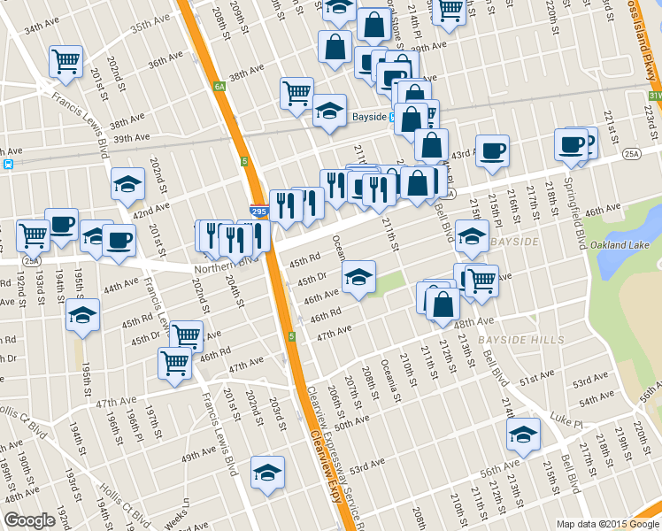 map of restaurants, bars, coffee shops, grocery stores, and more near 20656 45th Road in Queens