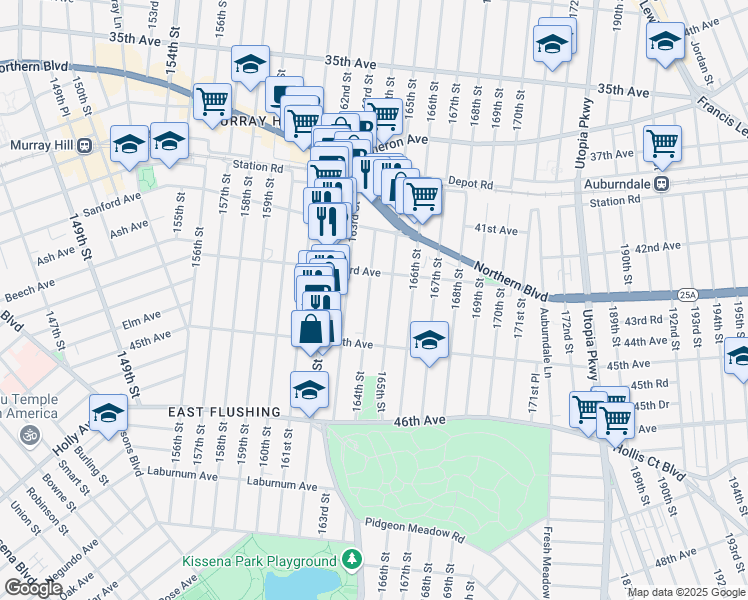 map of restaurants, bars, coffee shops, grocery stores, and more near 43-20 165th Street in Queens