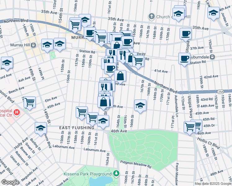 map of restaurants, bars, coffee shops, grocery stores, and more near 43-21 163rd Street in Queens