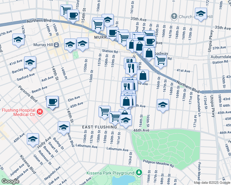 map of restaurants, bars, coffee shops, grocery stores, and more near 43-31 160th Street in Queens