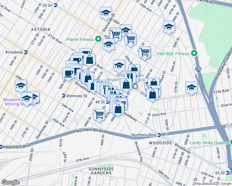 map of restaurants, bars, coffee shops, grocery stores, and more near 31-32 47th Street in Queens