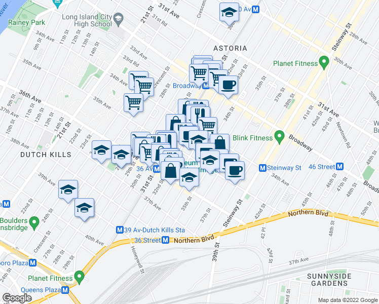 map of restaurants, bars, coffee shops, grocery stores, and more near 34-56 33rd Street in Queens