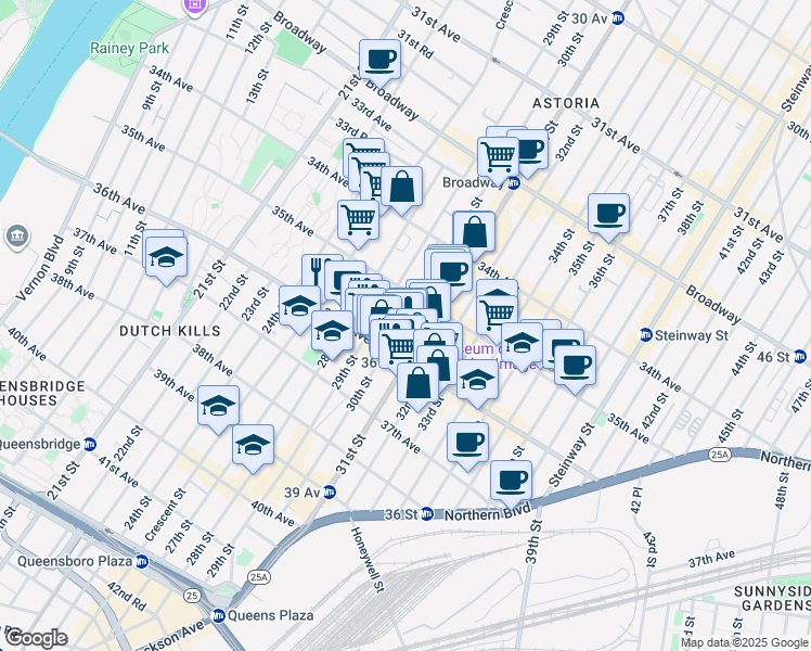 map of restaurants, bars, coffee shops, grocery stores, and more near 35-33 29th Street in Queens