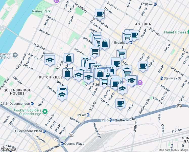 map of restaurants, bars, coffee shops, grocery stores, and more near 3550 28th Street in Queens