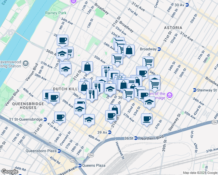 map of restaurants, bars, coffee shops, grocery stores, and more near 36-6 Crescent Street in Queens