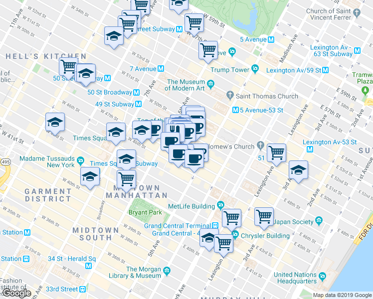 map of restaurants, bars, coffee shops, grocery stores, and more near 38w West 48th Street in New York