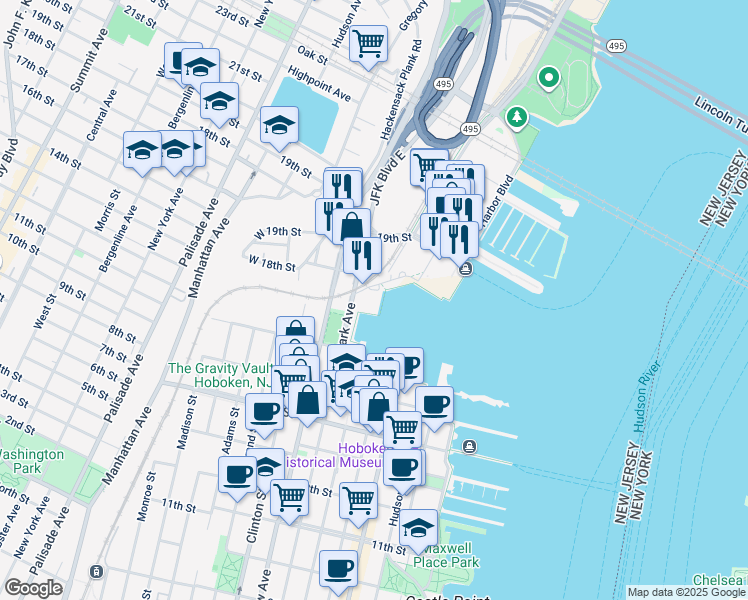 map of restaurants, bars, coffee shops, grocery stores, and more near 1700 Harbor Boulevard in Weehawken