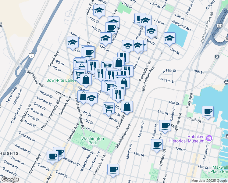 map of restaurants, bars, coffee shops, grocery stores, and more near 910 Bergenline Avenue in Union City