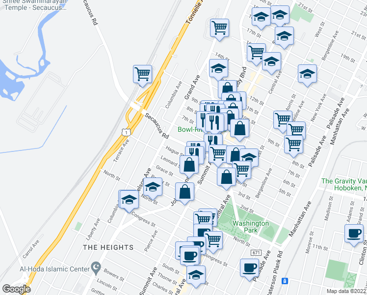 map of restaurants, bars, coffee shops, grocery stores, and more near 811 Secaucus Road in Jersey City