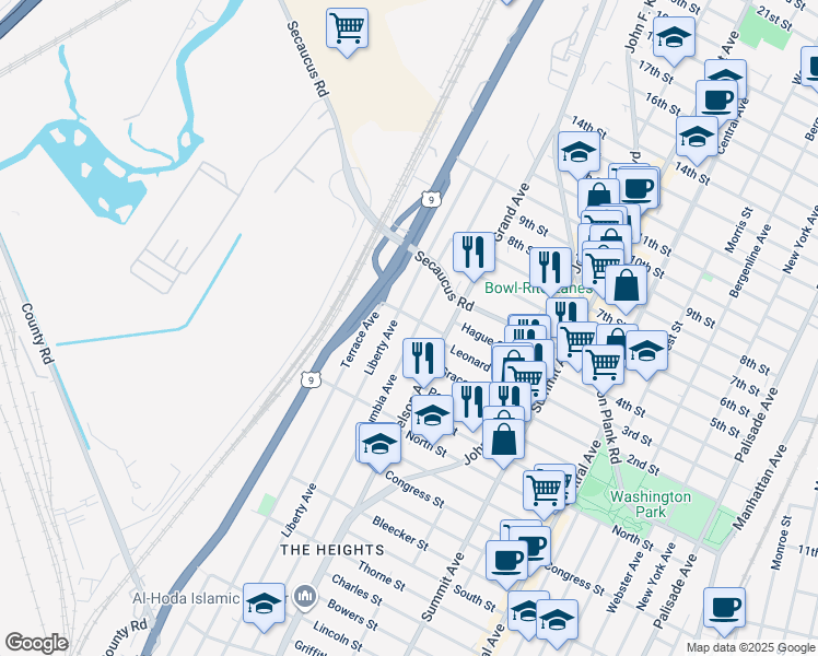 map of restaurants, bars, coffee shops, grocery stores, and more near 299 Columbia Avenue in Jersey City