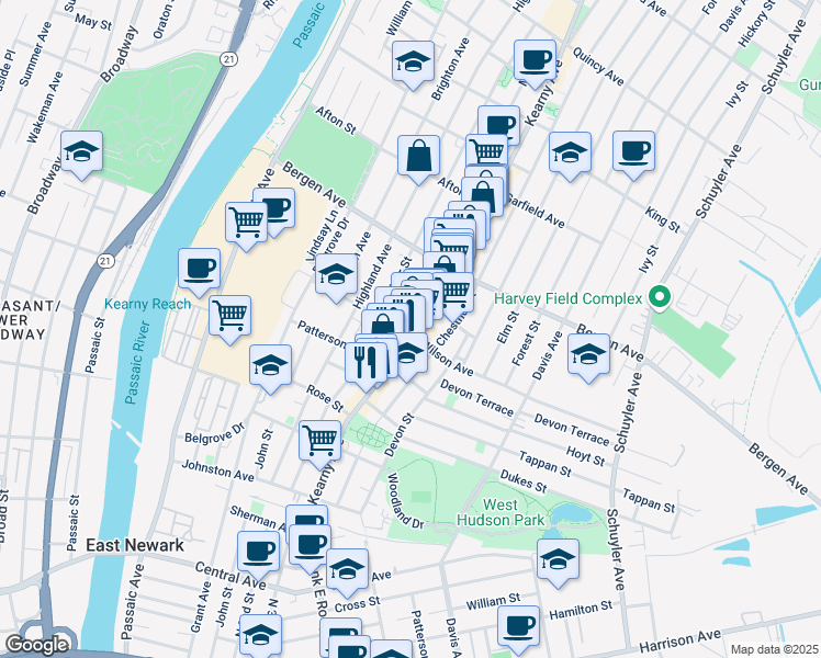 map of restaurants, bars, coffee shops, grocery stores, and more near 158 Maple Street in Kearny