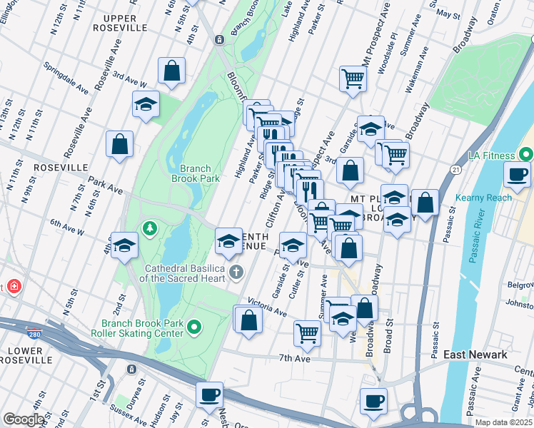 map of restaurants, bars, coffee shops, grocery stores, and more near 240 Clifton Avenue in Newark