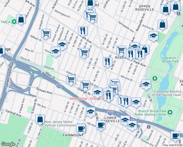 map of restaurants, bars, coffee shops, grocery stores, and more near 73 North 13th Street in Newark