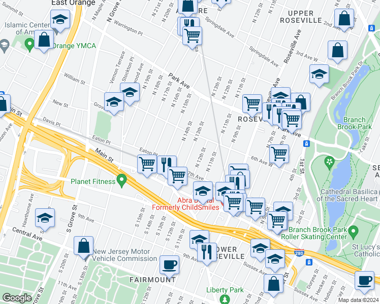 map of restaurants, bars, coffee shops, grocery stores, and more near 73 North 13th Street in Newark
