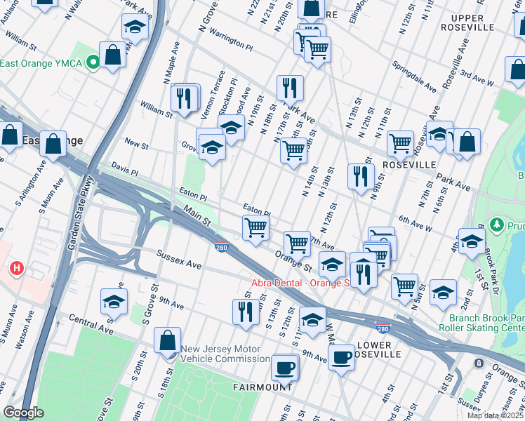map of restaurants, bars, coffee shops, grocery stores, and more near 14 North 16th Street in East Orange