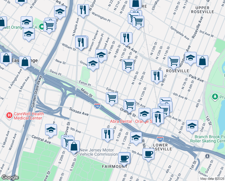 map of restaurants, bars, coffee shops, grocery stores, and more near 64 Eaton Place in East Orange