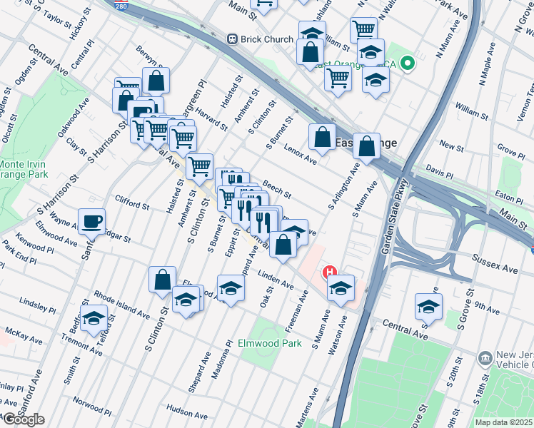 map of restaurants, bars, coffee shops, grocery stores, and more near 75 Carnegie Avenue in East Orange