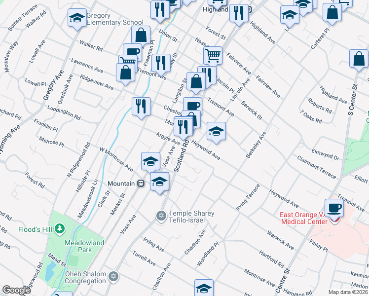 map of restaurants, bars, coffee shops, grocery stores, and more near 480 Heywood Avenue in City of Orange