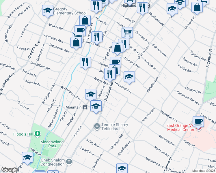 map of restaurants, bars, coffee shops, grocery stores, and more near 733 Vose Avenue in City of Orange
