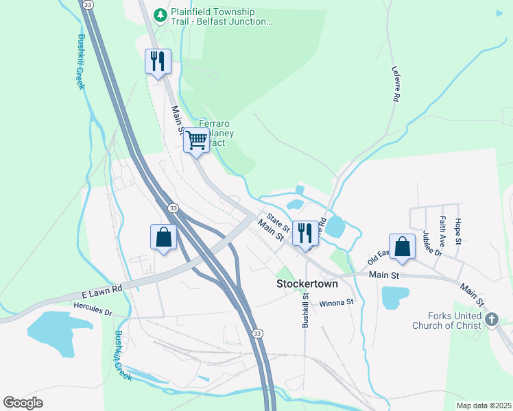 map of restaurants, bars, coffee shops, grocery stores, and more near 415 Main Street in Stockertown