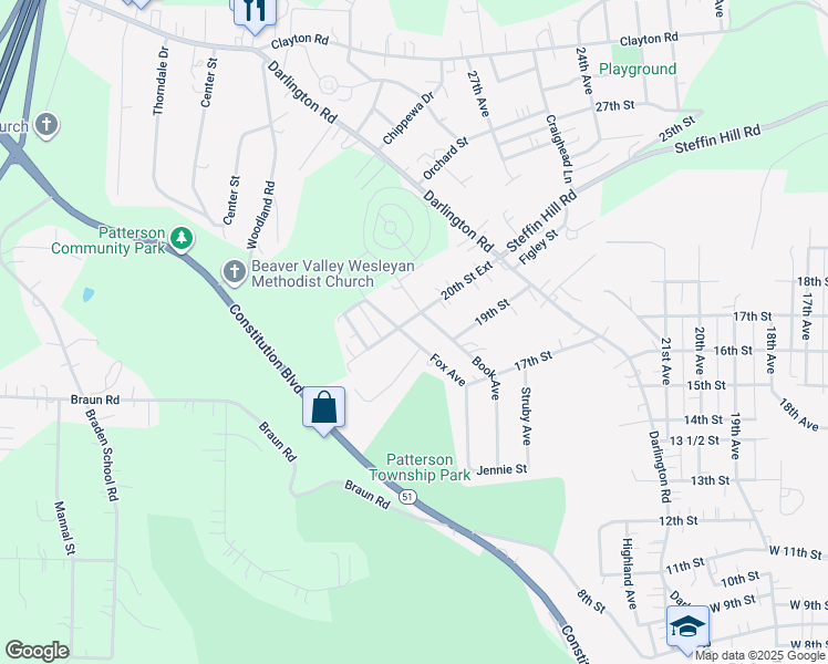 map of restaurants, bars, coffee shops, grocery stores, and more near 2803 20th Street Extension in Beaver Falls