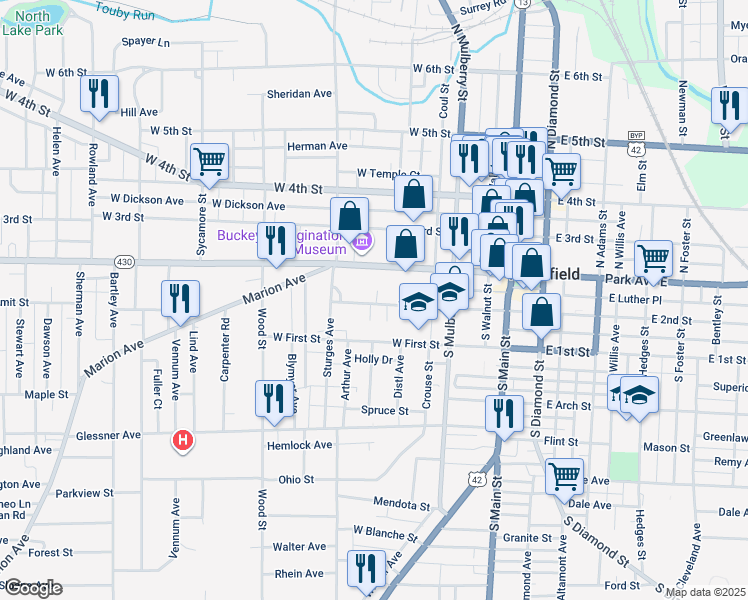 map of restaurants, bars, coffee shops, grocery stores, and more near 142 West 2nd Street in Mansfield