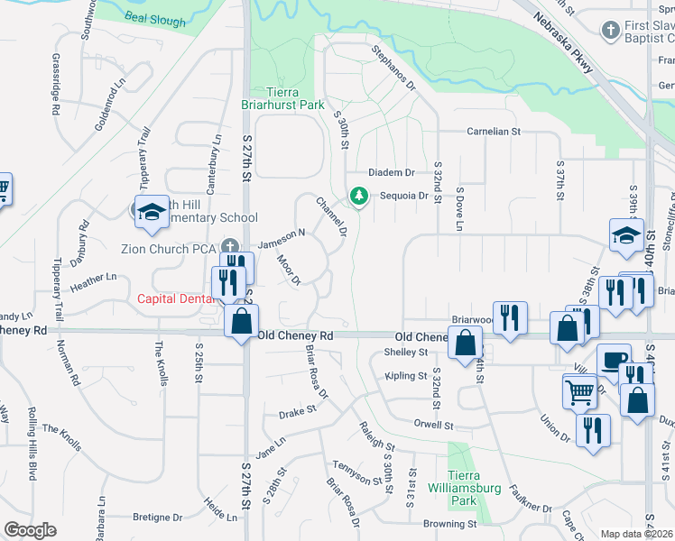 map of restaurants, bars, coffee shops, grocery stores, and more near 5530 Channel Drive in Lincoln
