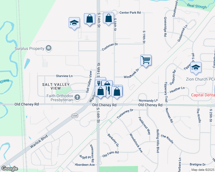 map of restaurants, bars, coffee shops, grocery stores, and more near 5431 South 16th Street in Lincoln